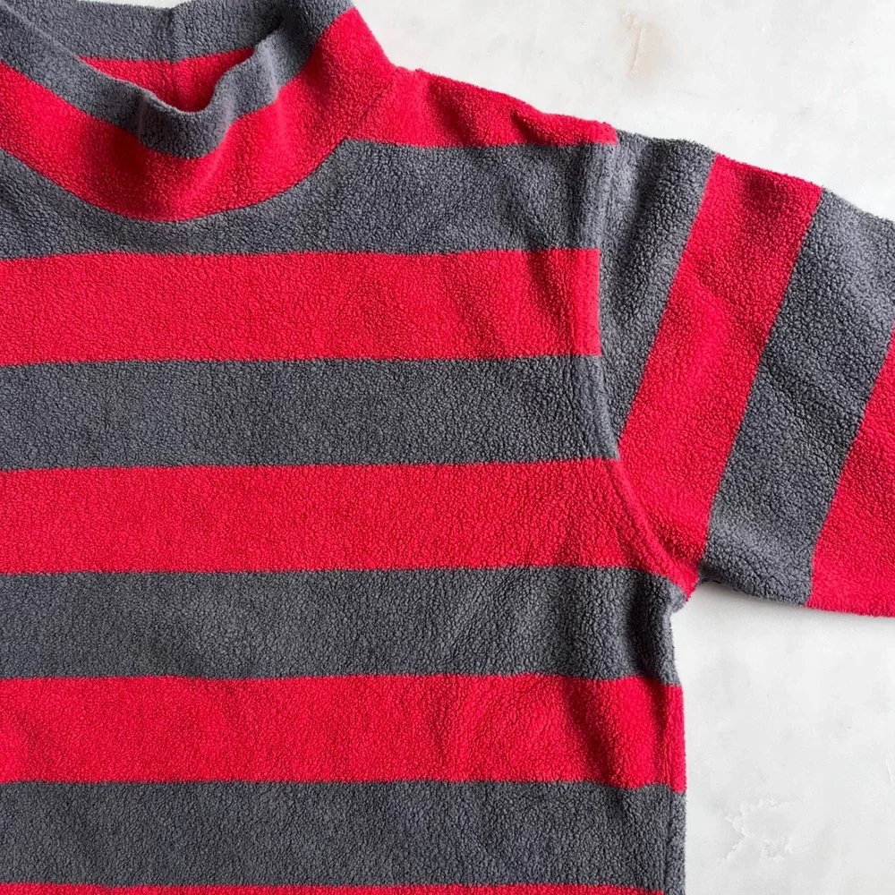 Mini Boden Mock Neck Striped Fleece Pullover Sweater Red‎ Gray Stripes size 7-8Y